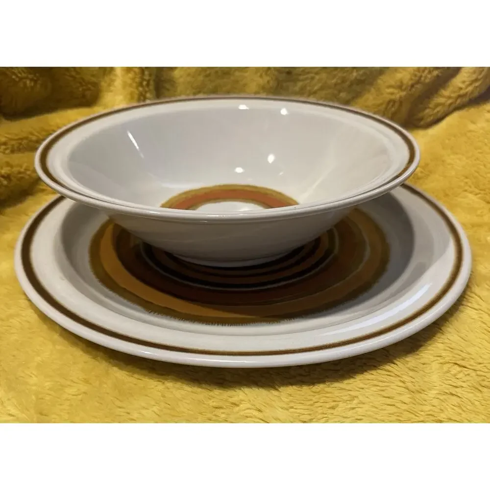 Acsons Corona Japan 1141 Stoneware Brown Orange Bands Chop Plate & Serving Bowl